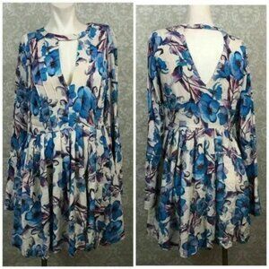 Free People Blue Purple Floral Tegan Bell Sleeve M 8 Boho Flare Dress